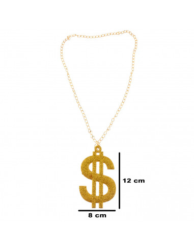 Tradineur - Collar dorado con símbolo de dólar para jóvenes y adultos, complemento para disfraz de carnaval, Halloween y celebra