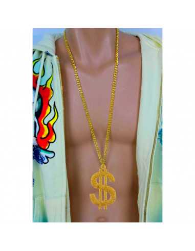 Tradineur - Collar dorado con símbolo de dólar para jóvenes y adultos, complemento para disfraz de carnaval, Halloween y celebra