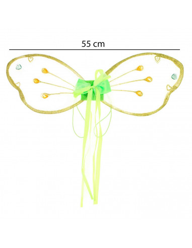 Alas de hada color verde con gemas para niños, complementos para carnaval, halloween y celebraciones. 19 x 55 x 1 cm