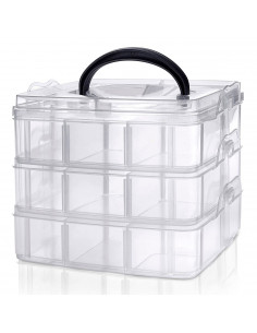 Caja de plástico multiusos, 3 baldas, 18 compartimentos, 15 x 15 x 12,5 cm, tapa con asa, caja de almacenamiento con divisiones
