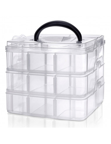 Caja de plástico multiusos, 3 baldas, 18 compartimentos, 15 x 15 x 12,5 cm, tapa con asa, caja de almacenamiento con divisiones