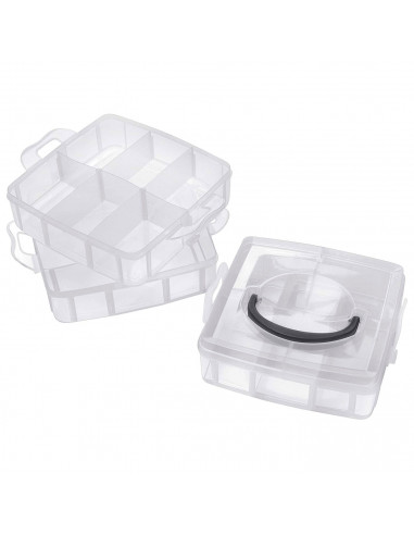 Caja de plástico multiusos, 3 baldas, 18 compartimentos, 15 x 15 x 12,5 cm, tapa con asa, caja de almacenamiento con divisiones