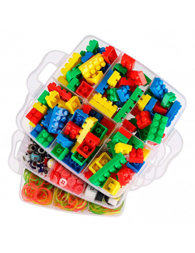 Caja de plástico multiusos, 3 baldas, 18 compartimentos, 15 x 15 x 12,5 cm, tapa con asa, caja de almacenamiento con divisiones
