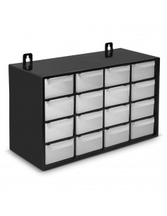 Clasificador apilable con 16 cajones, negro, 17 x 27 x 12 cm. Módulo, estante organizador de plástico para piezas pequeñas, tall