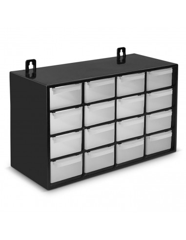 Clasificador apilable con 16 cajones, negro, 17 x 27 x 12 cm. Módulo, estante organizador de plástico para piezas pequeñas, tall