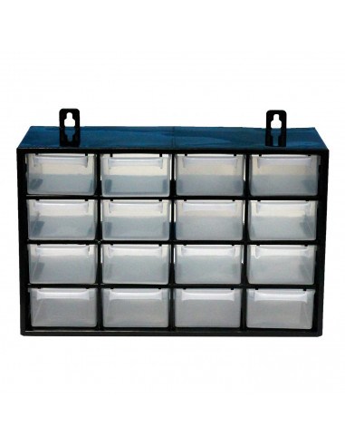 Clasificador apilable con 16 cajones, negro, 17 x 27 x 12 cm. Módulo, estante organizador de plástico para piezas pequeñas, tall