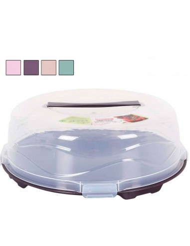 Tradineur - Tartera de plástico redonda con tapa y asa 33 x 11,5 cm, Recipiente para transportar tartas, comida, alimentos, cier