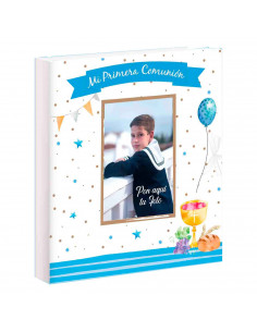 Libro para fotos Primera Comunion, Incluye espacio para colocar foto, diseño de globos, detalles de la ceremonia, 7 hojas para d