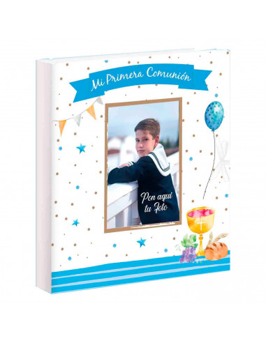 Libro para fotos Primera Comunion, Incluye espacio para colocar foto, diseño de globos, detalles de la ceremonia, 7 hojas para d