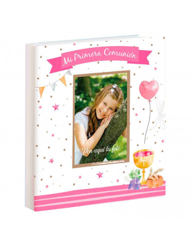 Libro para fotos Primera Comunion para las niñas, Incluye espacio para colocar foto, detalles de la ceremonia, 7 hojas para dedi