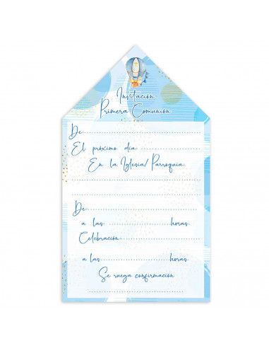 Cartas de invitaciones a la comunión de chicos, 10 Unidades. Primera comunion, iglesia, azul, niñas, familia. 8 x 13,5 x 1 cm