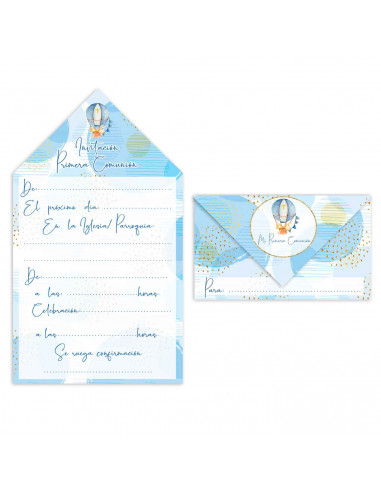 Cartas de invitaciones a la comunión de chicos, 10 Unidades. Primera comunion, iglesia, azul, niñas, familia. 8 x 13,5 x 1 cm