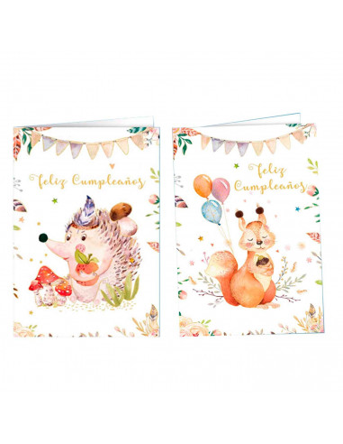 Postales de "Feliz cumpleaños" surtidos con dibujos de animales con detalles dorados. Cumpleaños, celebraciones, familia, amigos