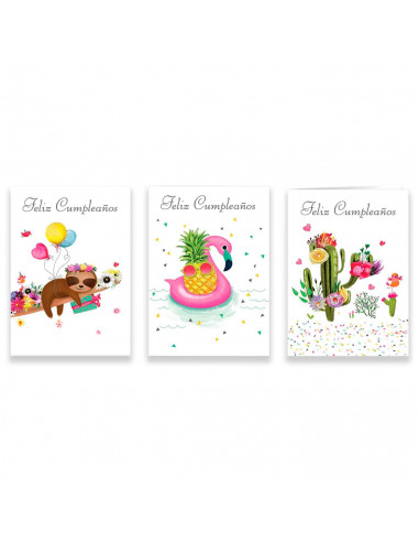 Postales de "Feliz cumpleaños" surtidos con 4 diseños distintos de color lila. Cumpleaños, celebraciones, familia, amigos, fiest