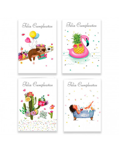 Postales de "Feliz cumpleaños" surtidos con 4 diseños distintos de color lila. Cumpleaños, celebraciones, familia, amigos, fiest