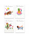 Postales de "Feliz cumpleaños" surtidos con 4 diseños distintos de color lila. Cumpleaños, celebraciones, familia, amigos, fiest