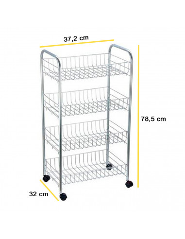 Tradineur - Carrito verdulero de cocina metálico con ruedas, 4 niveles, estantería para almacenamiento de frutas, verduras, gris