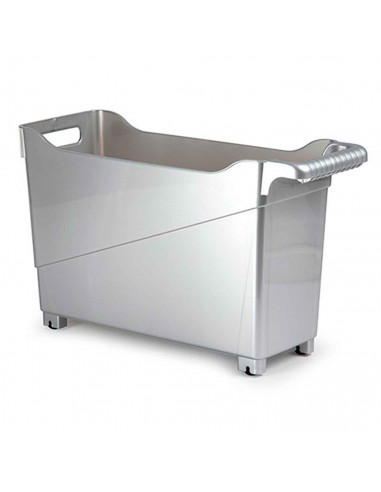 Cesta de plástico con ruedas y asa perfecto para limpieza, organizacion, trabajo, almacenaje. Color: Plata. 29 x 45 x 17 cm