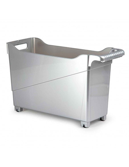 Cesta de plástico con ruedas y asa perfecto para limpieza, organizacion, trabajo, almacenaje. Color: Plata. 29 x 45 x 17 cm