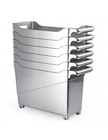 Cesta de plástico con ruedas y asa perfecto para limpieza, organizacion, trabajo, almacenaje. Color: Plata. 29 x 45 x 17 cm