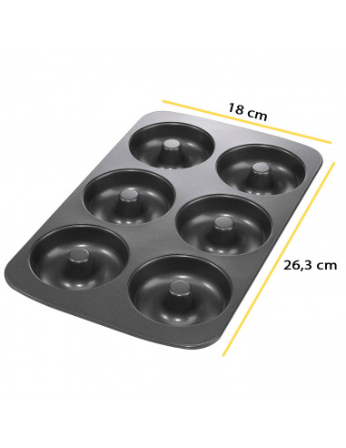 LifeStyle - Molde para donuts con 6 cavidades, acero antiadherente, bandeja para hornear rosquillas, repostería, postres, 26,3 x