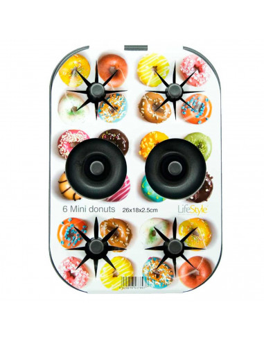 LifeStyle - Molde para donuts con 6 cavidades, acero antiadherente, bandeja para hornear rosquillas, repostería, postres, 26,3 x
