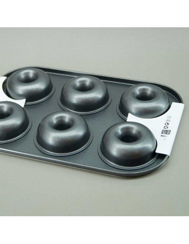 LifeStyle - Molde para donuts con 6 cavidades, acero antiadherente, bandeja para hornear rosquillas, repostería, postres, 26,3 x