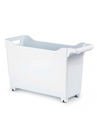 Cesta de plástico con ruedas y asa perfecto para limpieza, organizacion, trabajo, almacenaje. Color: blanco. 29 x 17 x 45 cm