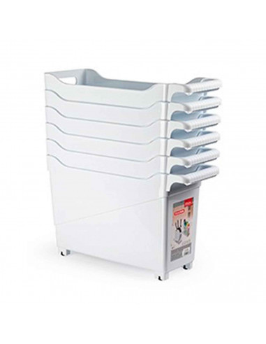 Cesta de plástico con ruedas y asa perfecto para limpieza, organizacion, trabajo, almacenaje. Color: blanco. 29 x 17 x 45 cm