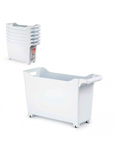 Cesta de plástico con ruedas y asa perfecto para limpieza, organizacion, trabajo, almacenaje. Color: blanco. 29 x 17 x 45 cm