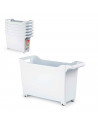 Cesta de plástico con ruedas y asa perfecto para limpieza, organizacion, trabajo, almacenaje. Color: blanco. 29 x 17 x 45 cm