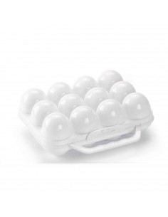 Tradineur - Huevera de plástico de color blanco con tapadera para huevos, 12 espacios para huevos, cocina, resposteria, fabricad