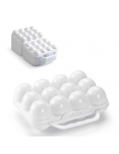Tradineur - Huevera de plástico de color blanco con tapadera para huevos, 12 espacios para huevos, cocina, resposteria, fabricad