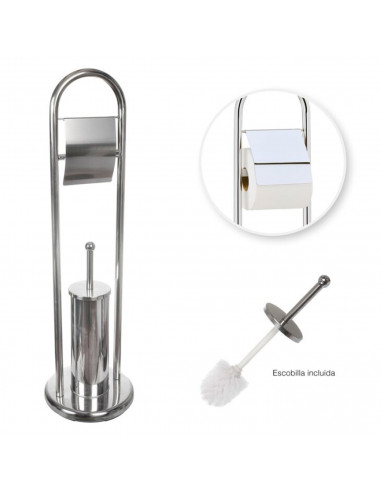 Tradineur - Escobillero con portarrollos - Forma U - Fabricado de Acero Inoxidable - Tapa protectora para el papel - Soporte pap