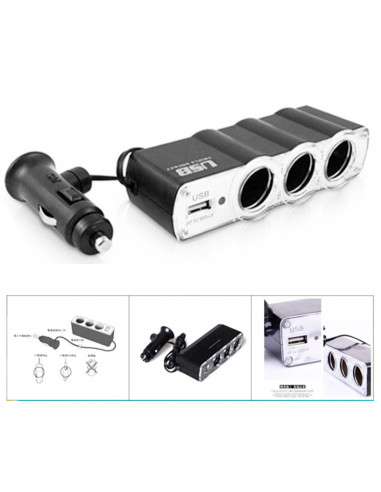 Cargador de coche con puerto USB y 3 tomas de mechero 12/24V para carga de smarphone, tablet, gps, 600 W, 12 x 4,5 x 3 cm