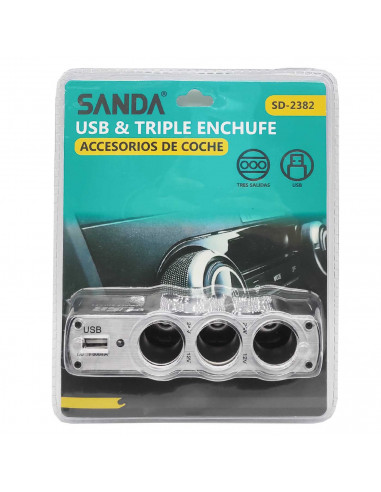 Cargador de coche con puerto USB y 3 tomas de mechero 12/24V para carga de smarphone, tablet, gps, 600 W, 12 x 4,5 x 3 cm
