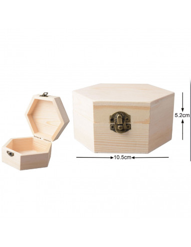 Tradineur - Caja de madera hexagonal para guardar pequeños articulos, 10,5 x 9 x 5,2 cm. Guardajoyas de madera hexagonal