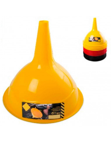 Embudo de plástico resistente color surtido para aceite, gasolina, diesel, agua, etc. Color Surtido. Diametro 22,5 cm