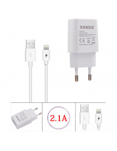 Cargador de móvil, modelo 2.1A, carga rápida, smartphone, para enchufe de pared, hogar, viaje, cable de 100 cm, blanco