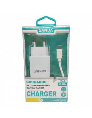 Cargador de móvil, modelo AC-220V, carga rápida, smartphone, para enchufe de pared, hogar, viaje, cable de 100 cm, blanco