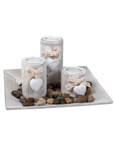 Bandeja con 3 portavelas de corazón y piedras, madera, velas decorativas jardín, baño, bodas, decoración vintage hogar, 13 x 23,
