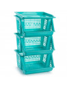 Tradineur - Verdulero apilable modelo PLFT color turquesa 3 cestas, 57 x 36 x 29 cm. Cestas portaobjetos apliables, estantes mul