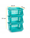 Tradineur - Verdulero apilable modelo PLFT color turquesa 3 cestas, 57 x 36 x 29 cm. Cestas portaobjetos apliables, estantes mul