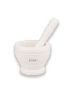Mortero de plastico resistente, diámetro 11 cm con mazo de 18 cm. Mortero manual de cocina para moler ajo, especias y hierbas