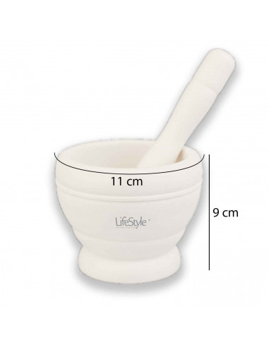Mortero de plastico resistente, diámetro 11 cm con mazo de 18 cm. Mortero manual de cocina para moler ajo, especias y hierbas
