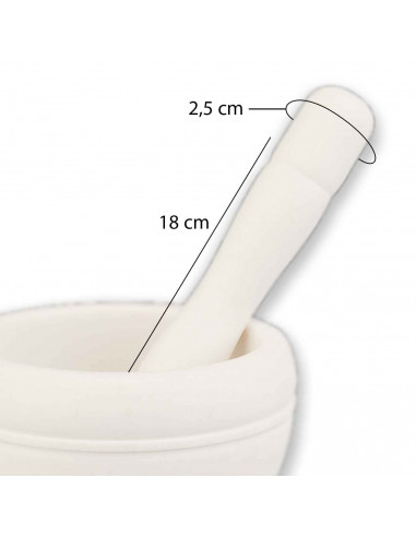 Mortero de plastico resistente, diámetro 11 cm con mazo de 18 cm. Mortero manual de cocina para moler ajo, especias y hierbas