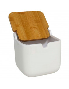 Tradineur - Salero de cerámica y tapa de bambú, recipiente para la sal, cocina, hogar (Blanco, 11,3 x 11,5 x 12 cm)