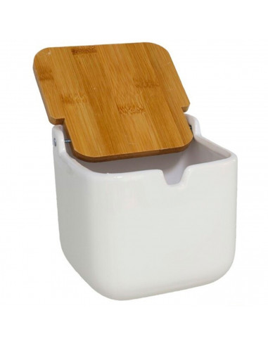 Tradineur - Salero de cerámica y tapa de bambú, recipiente para la sal, cocina, hogar (Blanco, 11,3 x 11,5 x 12 cm)
