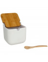 Tradineur - Salero de cerámica y tapa de bambú, recipiente para la sal, cocina, hogar (Blanco, 11,3 x 11,5 x 12 cm)