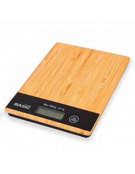 Bascula digital cuadrada con tabla de bambú, Incluye: Pantalla táctil, LCD, Extraplana, Función TARA, Indicador batería baja. 1